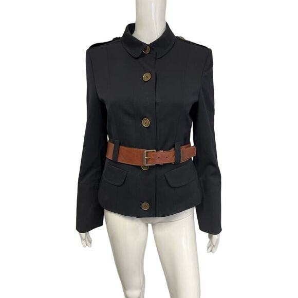 BURBERRY LONDON Blue Navy Collared Brown Leather Belted Jacket Blazer US 8 - Picture 1 of 5